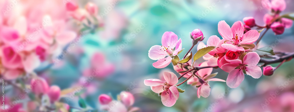 Horizontal Image of trees with blooming sakura