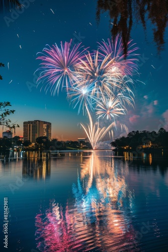 Fireworks lighting up Orlando skyline over tranquil lake during celebration event
