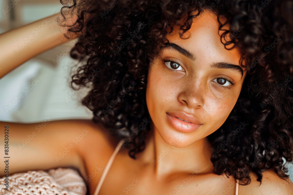Portrait of a beautiful young woman with natural curly hair and freckles, exuding confidence and serenity. Portrait of a beautiful young woman with natural curly hair and freckles, exuding confidence and serenity.