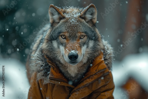 A wolf wearing a jacket is standing in the snow © Nino Lavrenkova