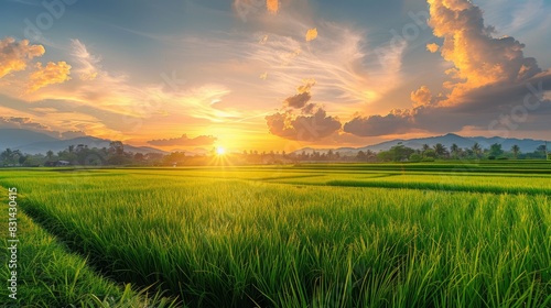 Panoramic view of a rural landscape with rice fields basking in the warm glow of sunset, evoking a sense of tranquility and pastoral beauty photo