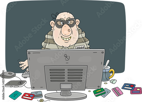 Online scammer in front of a computer monitor extorting money from his victims via a bank application and numbers of credit and debit cards, vector cartoon illustration on white