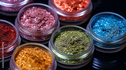 A row of colorful containers of glitter