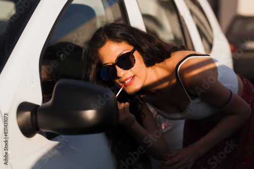 Charming young woman in sunglasses using a car mirror to apply lipstick during a radiant sunny day, embodying leisure and preparation.