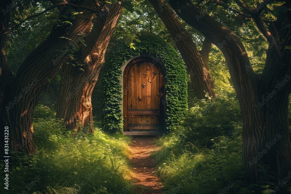 Discover the mystical and enchanting entrance to an old wooded wonderland, the secret and magical doorway to an enchanted forest. Surrounded by lush foliage. Ivycovered wooden door Discover the mystical and enchanting entrance to an old wooded wonderland, the secret and magical doorway to an enchanted forest. Surrounded by lush foliage. Ivycovered wooden door