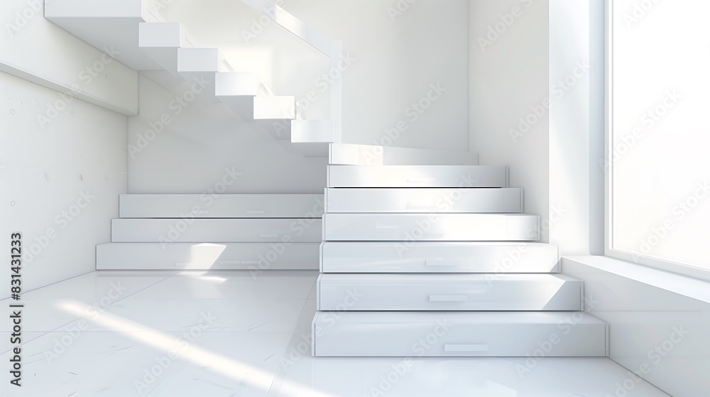 A minimalist staircase with a clean, white design and a series of hidden drawers under each step for storage A minimalist staircase with a clean, white design and a series of hidden drawers under each step for storage