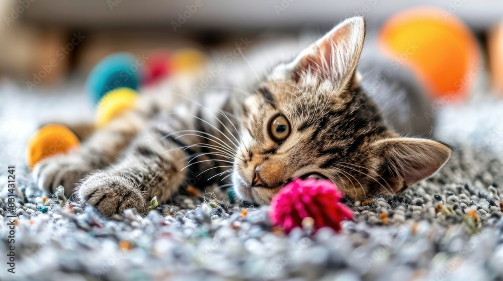 Close-up of an adorable kitten with a playful expression, surrounded by colorful balls and toys on a gray carpet surface. Close-up of an adorable kitten with a playful expression, surrounded by colorful balls and toys on a gray carpet surface.