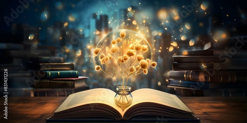 Illuminated Scene: Glowing Light Bulb, Open Book, and Neural Connections. Concept Creativity, Enlightenment, Learning, Connection, Innovation