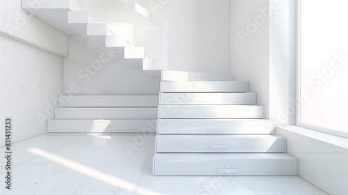 A minimalist staircase with a clean  white design and a series of hidden drawers under each step for storage