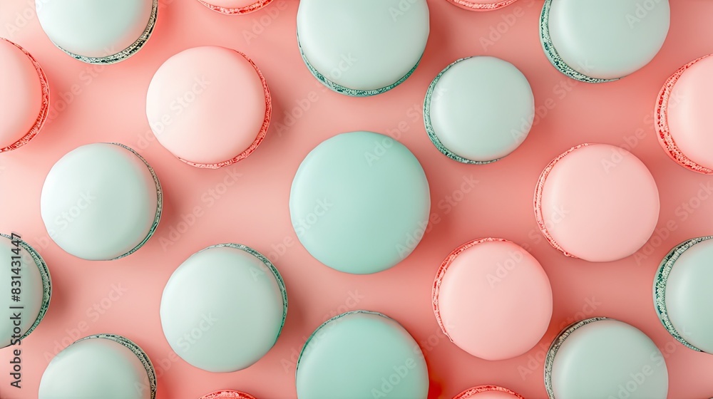 Pastel pink background with blue, green and red macarons in an elegant pattern. The focus is on the delicate textures and colors of each candy. Pastel pink background with blue, green and red macarons in an elegant pattern. The focus is on the delicate textures and colors of each candy.