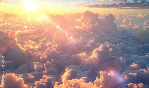 Beautiful morning sun surrounded by fluffy clouds background wallpaper. Scenic epic sunrise cloudscape panoramic view. Soft light and lens flare effect. 