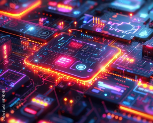 Futuristic neon-lit circuit board with glowing computer chips, showcasing advanced technology and digital innovation.