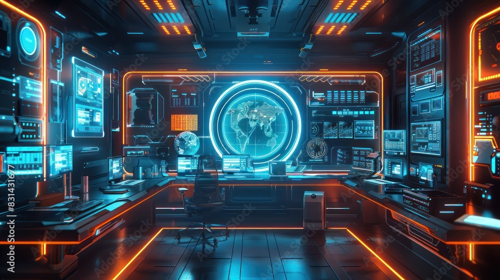 Obraz premium Futuristic command center with advanced technology, glowing screens, and high-tech gadgets, representing a control room of the future.