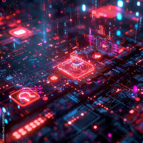 Futuristic digital circuit board with glowing neon lights representing advanced technology, artificial intelligence, and data processing.