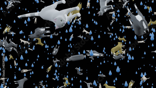 Raining Cats and Dogs and Rain - 3D Render with transparent background