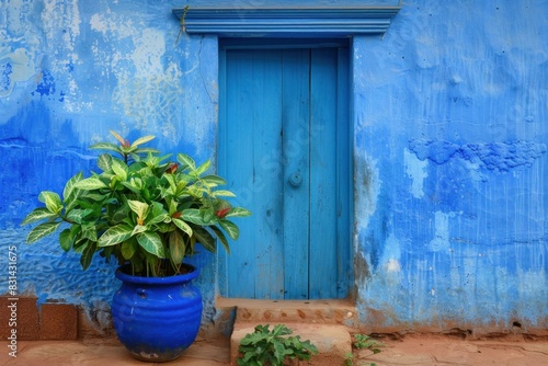 Vivid blue door with matching pot and lush green plant against a rustic blue wall © anatolir