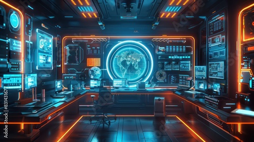 Futuristic command center with advanced technology, glowing screens, and high-tech gadgets, representing a control room of the future.