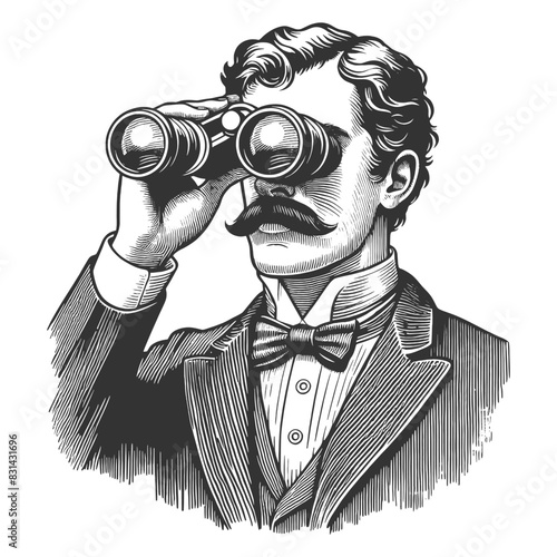 mustached man using binoculars, capturing vintage exploration and observation sketch engraving generative ai fictional character vector illustration. Scratch board imitation. Black and white image.