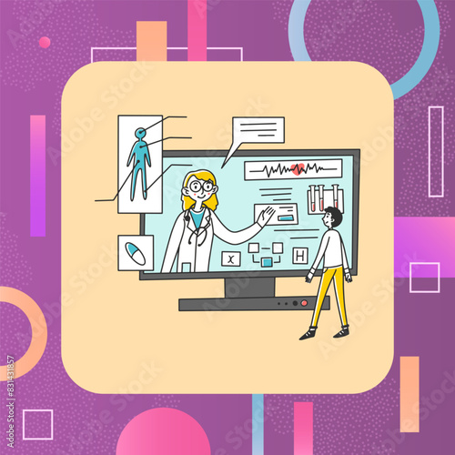 Patient visiting his physician online. Man using internet service and talking to doctor flat vector illustration. Health, support, healthcare concept for banner, website design or landing web page