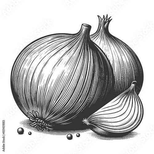 Onion sketch engraving generative ai fictional character vector illustration. Scratch board imitation. Black and white image.