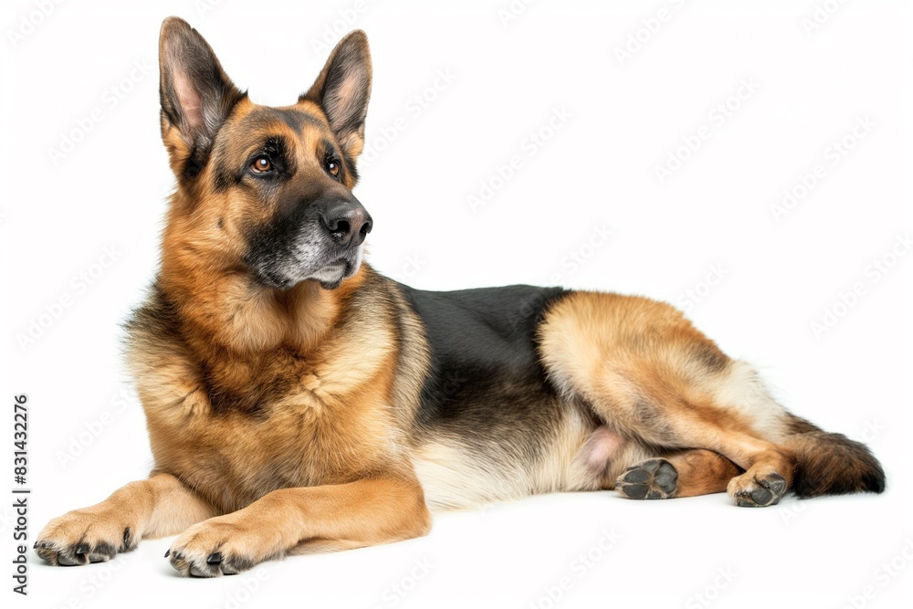 Full body studio portrait of a beautiful German shepherd dog. The dog is lying down and looking up over a background of pastel shades, looking majestic.