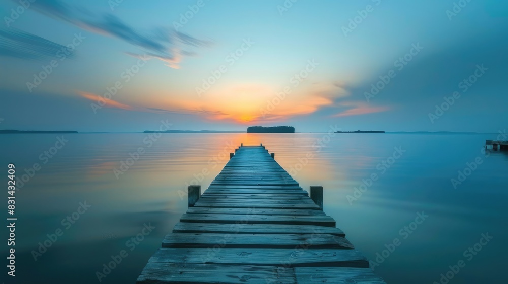 Naklejka premium Holiday Quote. Inspirational Motivating Quote on Sunset Pier Overlooking Lake and Nature