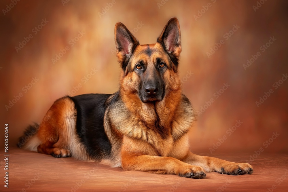 Full body studio portrait of a beautiful German shepherd dog. The dog is lying down and looking up over a background of pastel shades, looking majestic. Full body studio portrait of a beautiful German shepherd dog. The dog is lying down and looking up over a background of pastel shades, looking majestic.