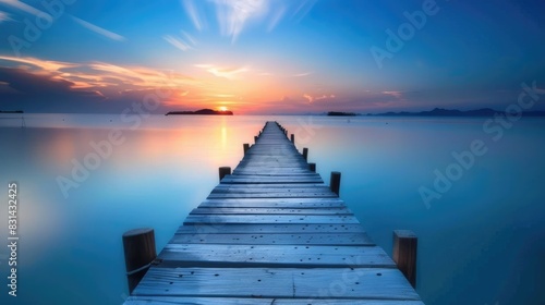 Holiday Quote. Sunset Inspiration at lake pier: Dream big, work hard, stay focused photo