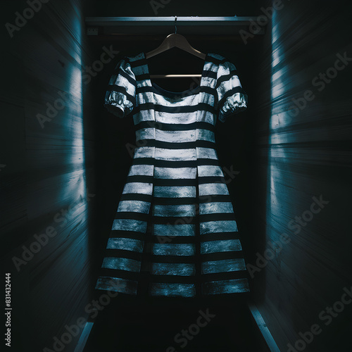 a black and white dress with horizontal lines hanging in the closet, lots of shadows, and bad lighting which make the dress look faded. photo, c
