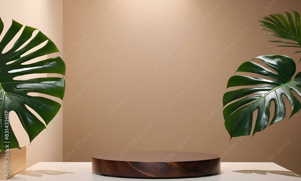 Smooth Dark Wooden Podium in Minimalist Setting with Monstera Leaves
