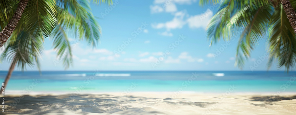 Fototapeta premium Fondo desenfocado de una bella playa paradisiaca de arena fina y blanca con dos hermosas palmeras, sobre fondo de mar azul en calma y cielo con nubes blancas, concepto fondos de vacaciones de verano