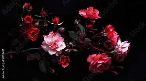 Pink Flowers Black Background. Red and Pink Rosebuds Highlighted on Isolated Black Background