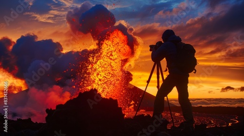 Silhouette of a photographer capturing the explosive eruption of a volcano against a colorful sunset sky, risking it all for the perfect shot