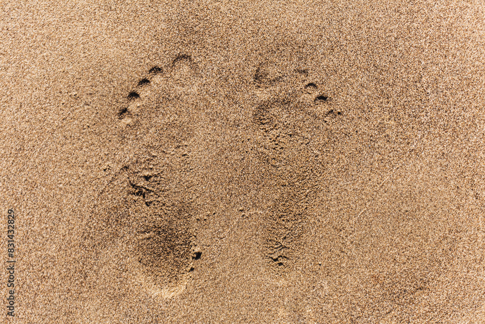 Close-up of human footprints in the warm sand by the beach Close-up of human footprints in the warm sand by the beach