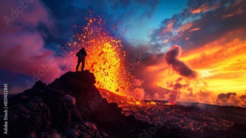 Silhouette of a photographer capturing the explosive eruption of a volcano against a colorful sunset sky, risking it all for the perfect shot © Plaifah