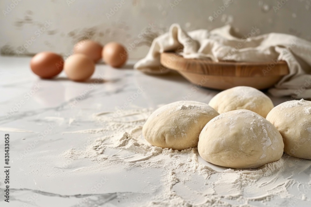 Raw dough balls dusted with flour next to eggs on a kitchen countertop Raw dough balls dusted with flour next to eggs on a kitchen countertop