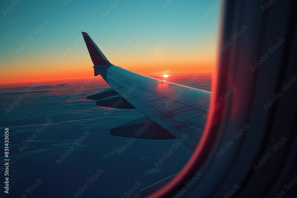 Airfare. Airplane Sunset View from Window with Wing in Blue Sky Airfare. Airplane Sunset View from Window with Wing in Blue Sky