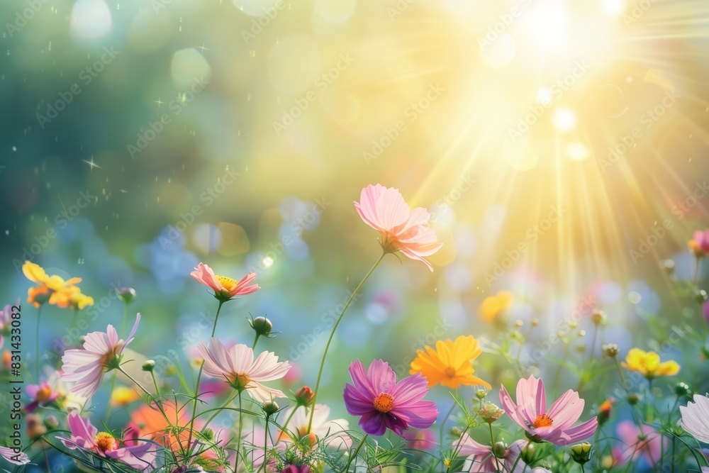 Obraz premium Beautiful cosmos flowers in the meadow, sunlight and blue sky background, a beautiful natural landscape with a summer flower field, colorful wildflowers in the green grass at sunrise or sunset.