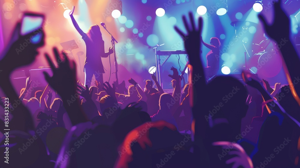 Animated concert crowd with arms raised capturing a singer on stage amidst colorful lights. Symbolizing unity and the thrill of live music festivals. Animated concert crowd with arms raised capturing a singer on stage amidst colorful lights. Symbolizing unity and the thrill of live music festivals.