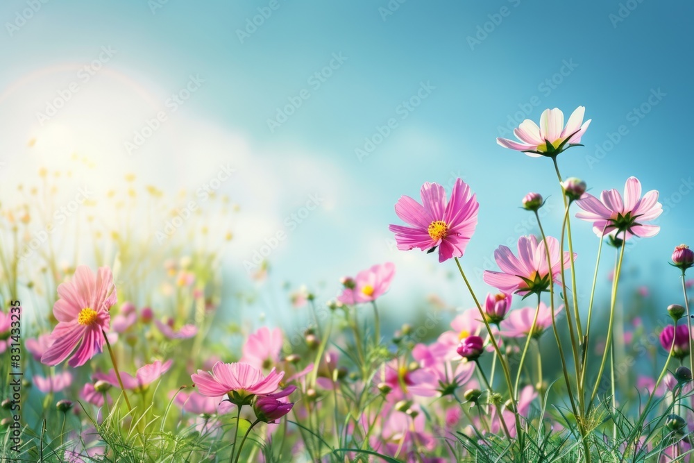Fototapeta premium Beautiful cosmos flowers in the meadow, sunlight and blue sky background, a beautiful natural landscape with a summer flower field, colorful wildflowers in the green grass at sunrise or sunset. 