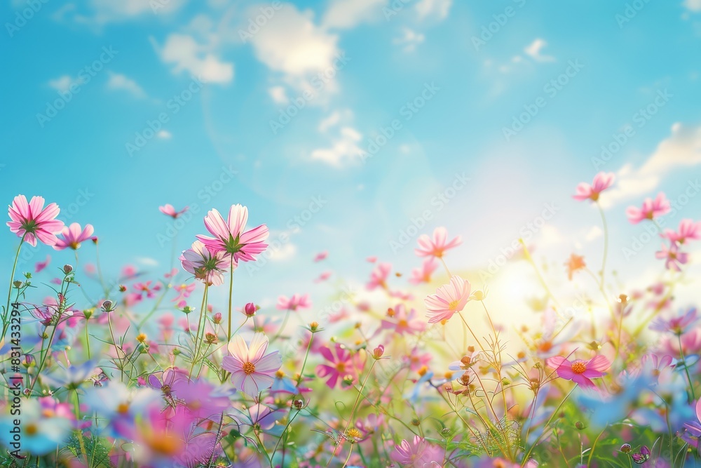 Beautiful cosmos flowers in the meadow, sunlight and blue sky background, a beautiful natural landscape with a summer flower field, colorful wildflowers in the green grass at sunrise or sunset. Beautiful cosmos flowers in the meadow, sunlight and blue sky background, a beautiful natural landscape with a summer flower field, colorful wildflowers in the green grass at sunrise or sunset.