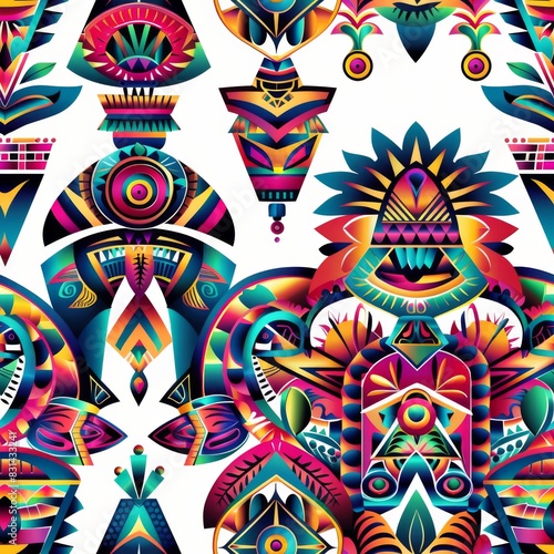 Seamless Pattern of Colorful Geometric Pattern with Traditional Tribe Motifs