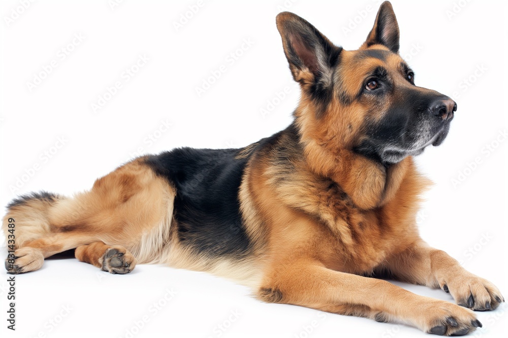 Full body studio portrait of a beautiful German shepherd dog. The dog is lying down and looking up over a background of pastel shades, looking majestic.