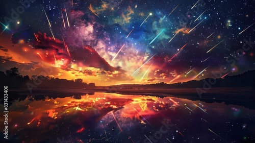 Surreal photo manipulation depicting a surreal landscape with shooting stars streaking across a colorful sky, evoking a sense of wonder