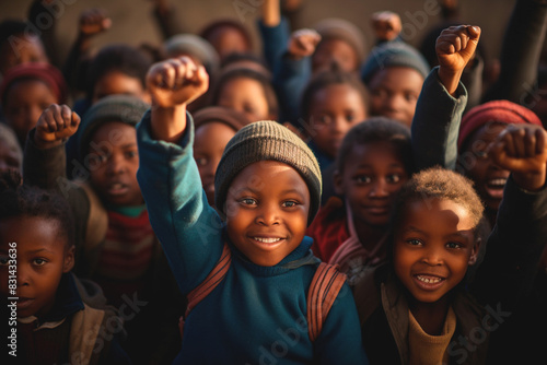 Black children show a clenched fist, symbolizing the fight against racism. © JepaesSaums