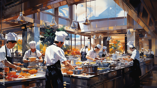 There are several people in white chef coats and aprons in a commercial kitchen.