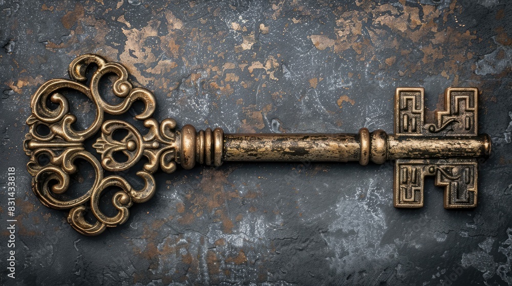 Golden antique key on a dark grunge background with space for text. Concept of success, planning and focus in business or life. Golden antique key on a dark grunge background with space for text. Concept of success, planning and focus in business or life.