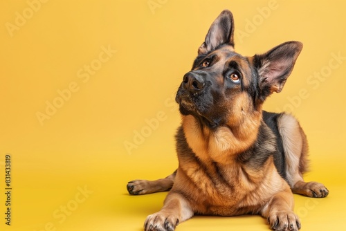 Full body studio portrait of a beautiful German shepherd dog. The dog is lying down and looking up over a background of pastel shades, looking majestic.
