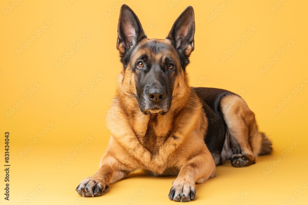 Full body studio portrait of a beautiful German shepherd dog. The dog is lying down and looking up over a background of pastel shades, looking majestic. Full body studio portrait of a beautiful German shepherd dog. The dog is lying down and looking up over a background of pastel shades, looking majestic.