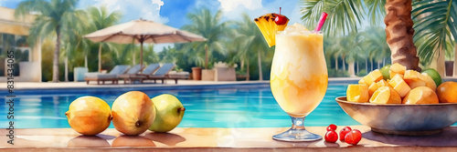 Fruit cocktail, shake watercolour Illustration on a tropical beach against the background the hotel's swimming pool, with fruits and pineapple.
